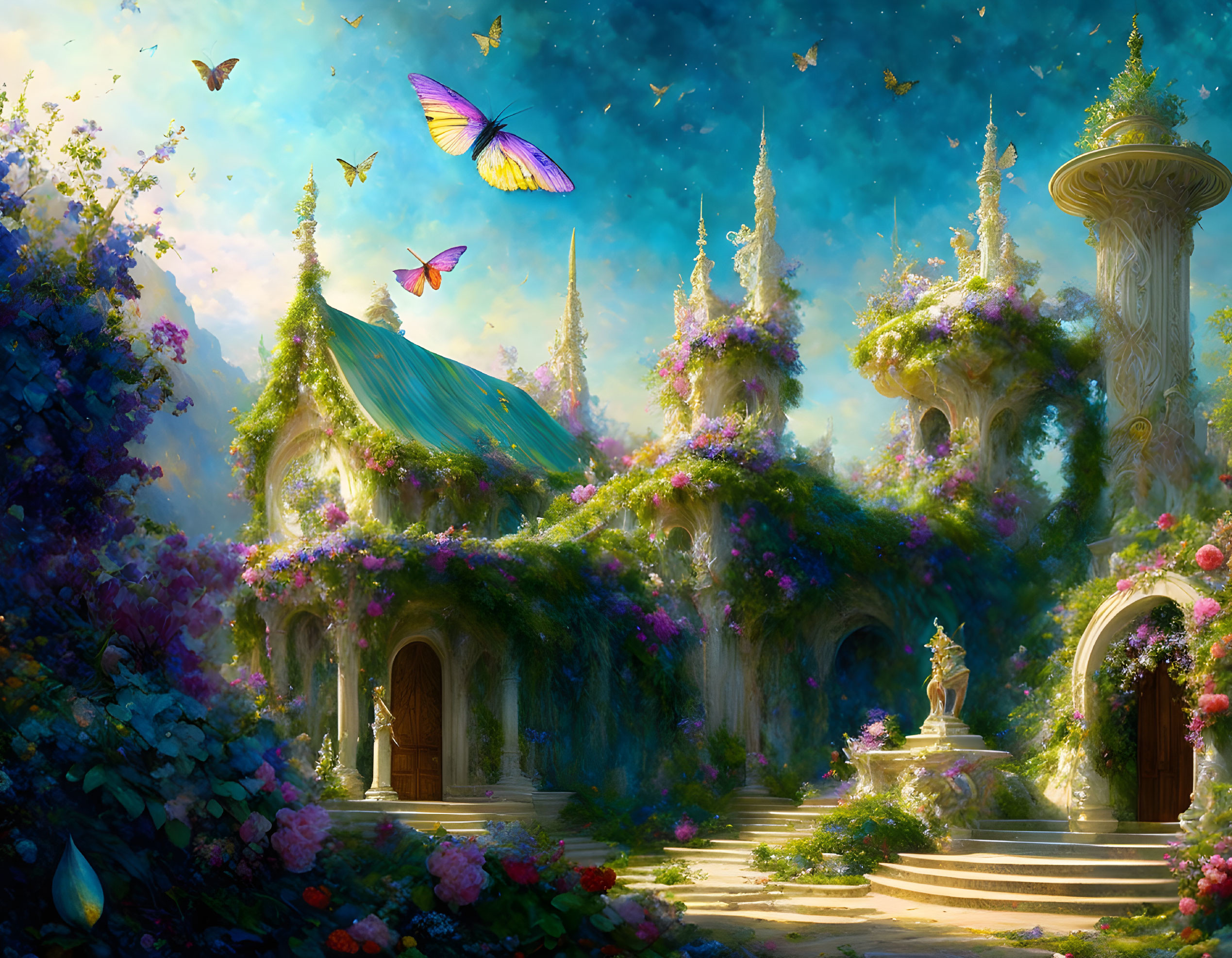 Lush garden with colorful flowers, butterflies, and towering spires