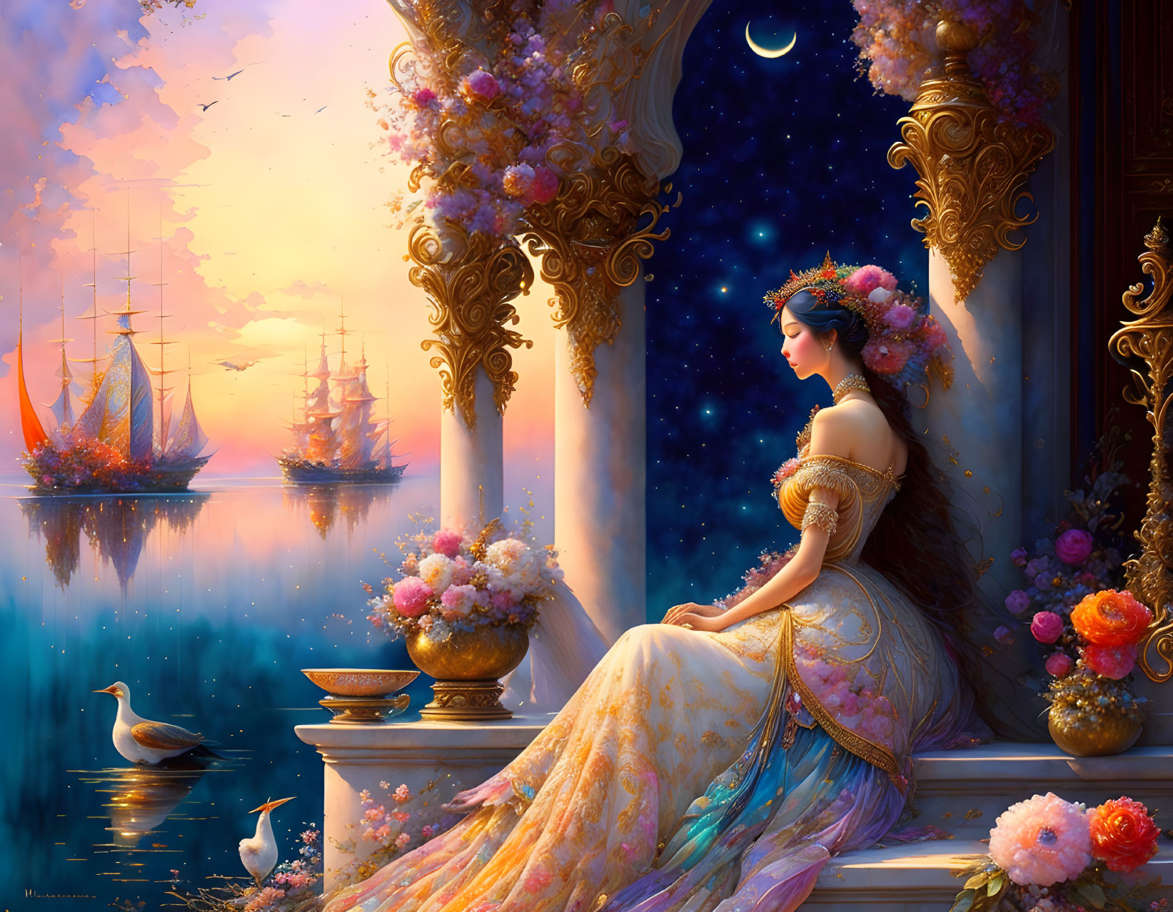 Serene waterside scene with elegant woman in flowing dress