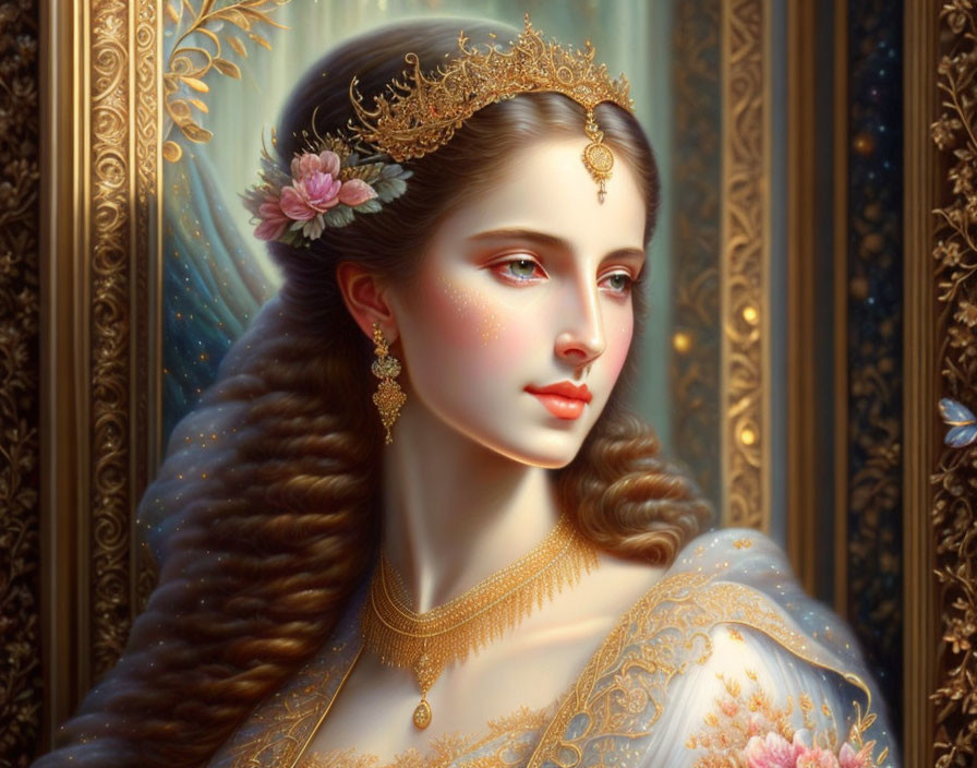 Detailed Portrait of Elegant Woman with Gold Crown and Braided Hair