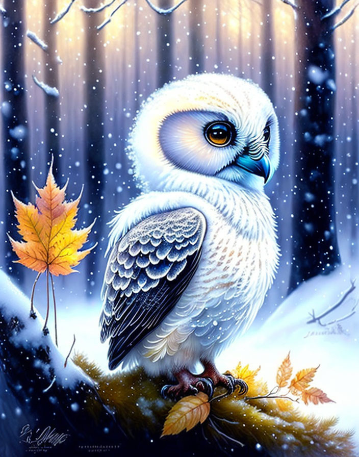 White owl on autumn branch in snowy forest scenery