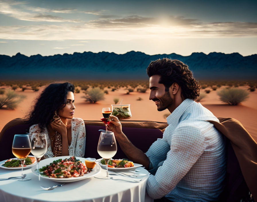 Romantic couple dining in desert at sundown with wine toast