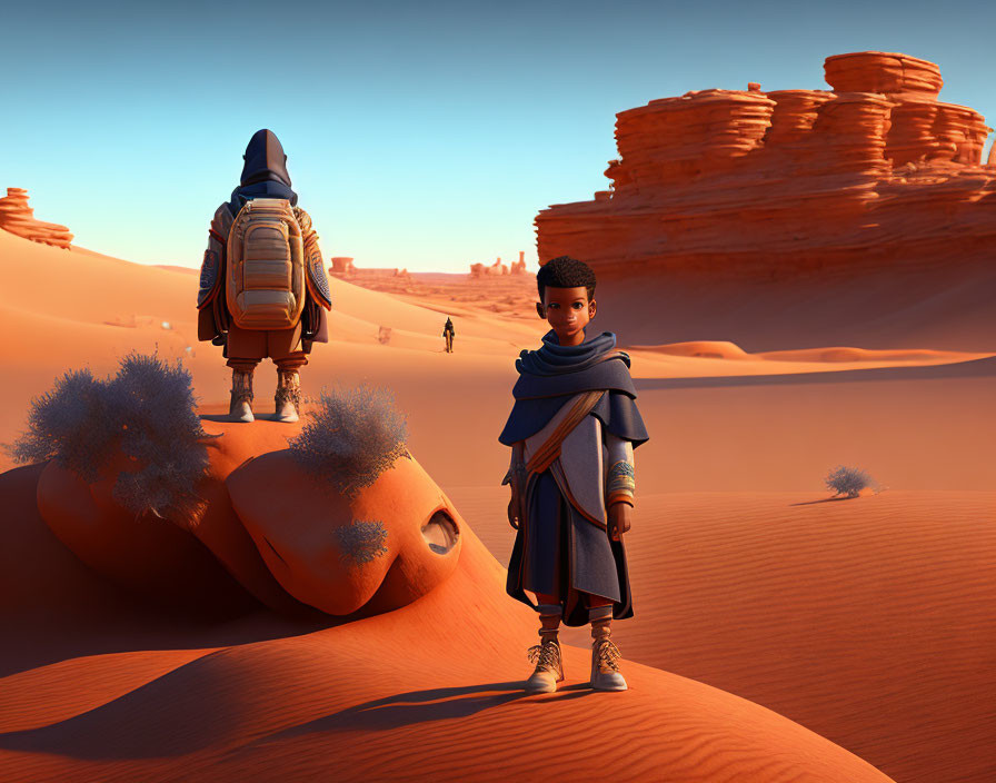 Young boy in desert with figure in spacesuit and rock formations