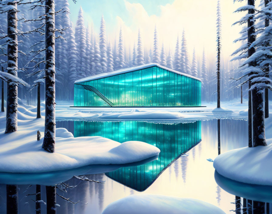 Glass building in snowy forest by tranquil icy lake under twilight sky