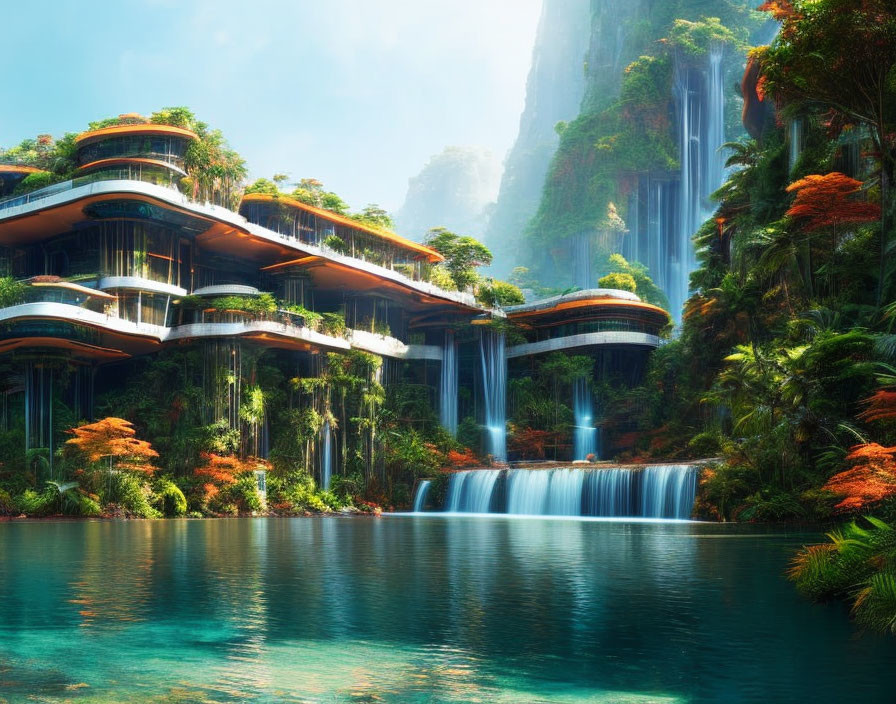 Futuristic organic buildings in lush tropical landscape