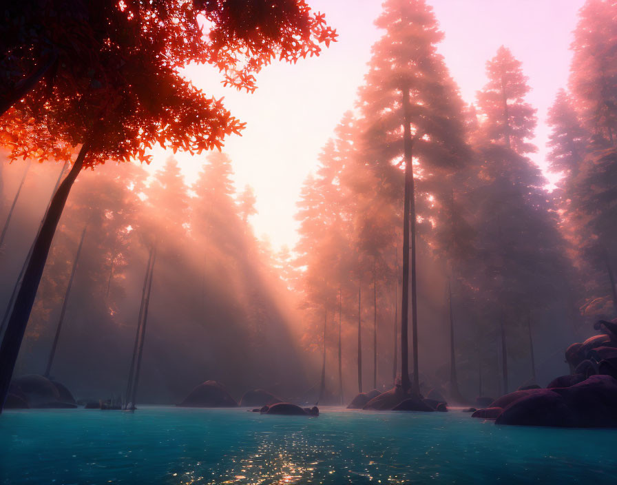 Misty forest with sunrays and turquoise lake scene