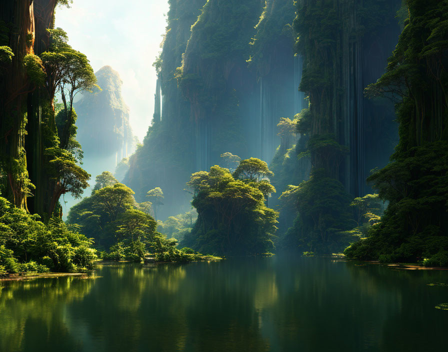 Serene Green Forest with Towering Cliff Walls and River