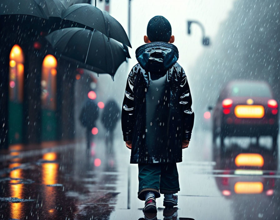 Child with umbrella standing in rain on city street at night.