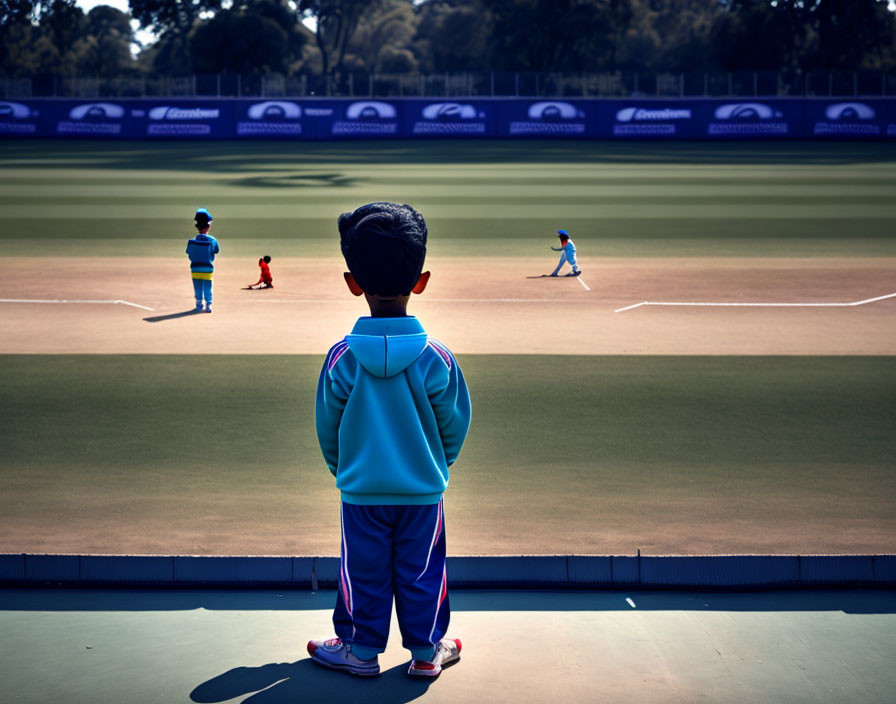 Child in Blue Tracksuit Observing Cricket Game on Field