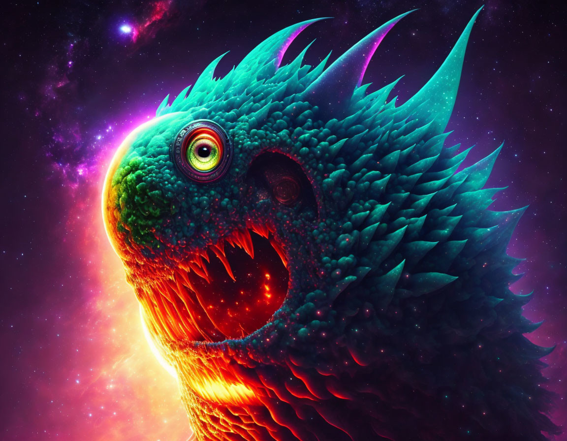 Colorful digital art of fantastical dragon-like creature with iridescent scales, wide-open mouth,