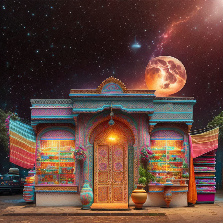 Colorful storefront under starry sky with moon, intricate patterns, and pottery.