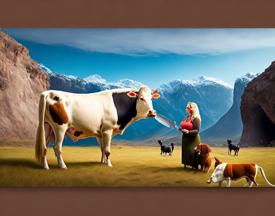 Surreal image: Cow drinking milk from bottle with woman, dogs, and cows in mountain backdrop