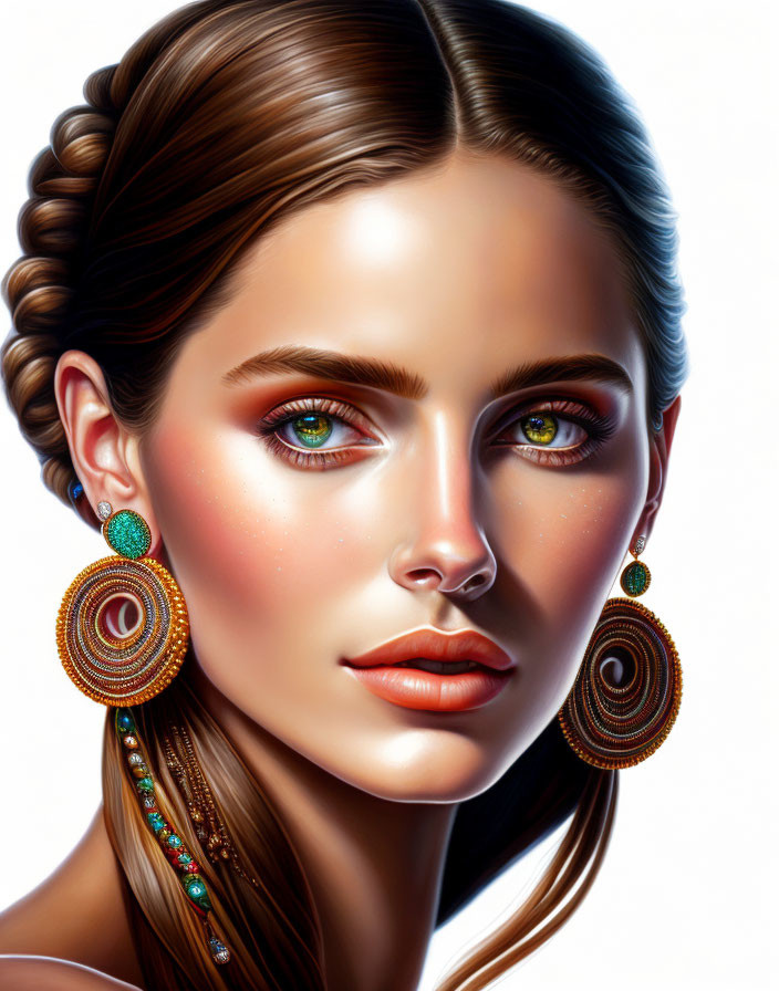 Detailed digital portrait of a woman with luminous skin, hazel eyes, braided hair, and