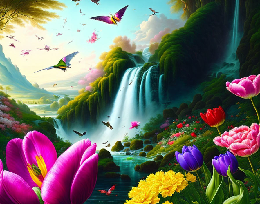 Colorful Landscape with Waterfall, River, and Hummingbirds