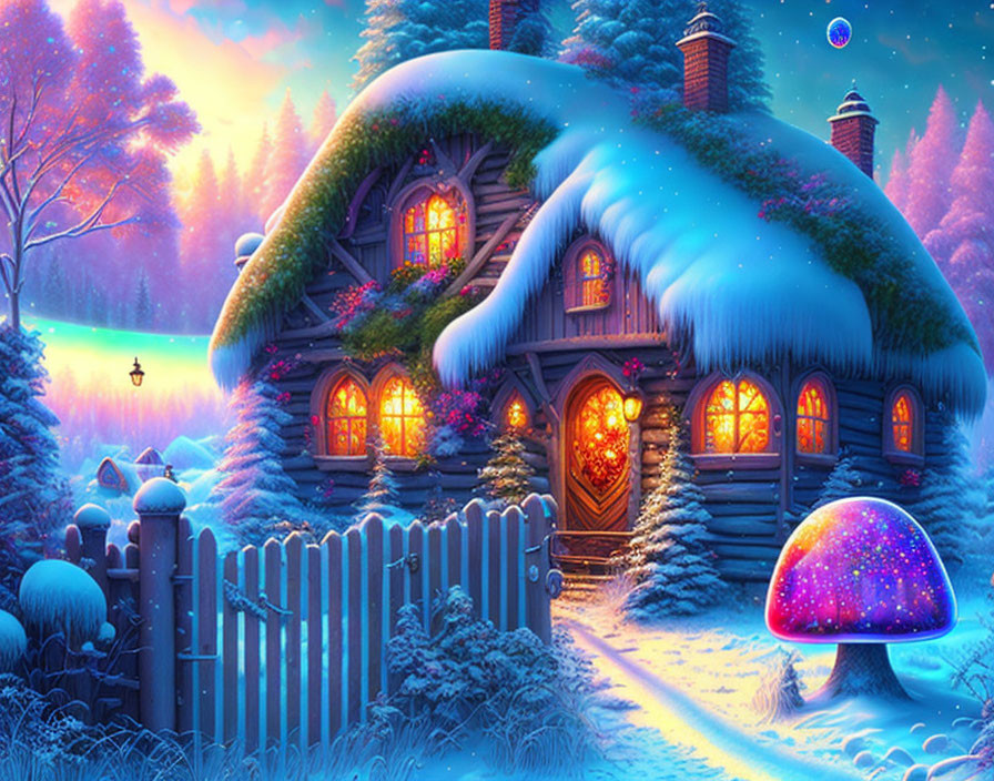 Snow-covered cottage with glowing windows in magical winter scenery