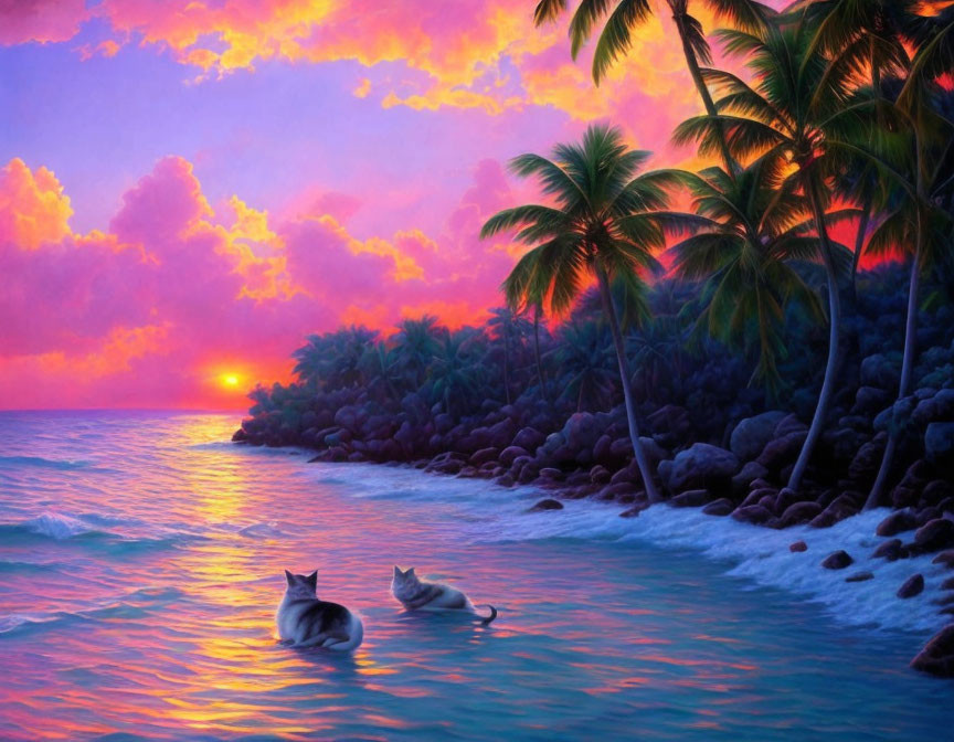 Serenity: Two cats on tropical beach at sunset