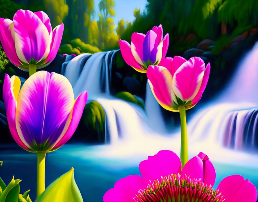 Colorful tulips with blurred waterfall in lush greenery