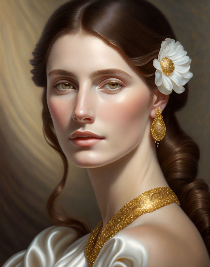 Serene woman portrait with white flower, golden earrings, and gold-embellished dress