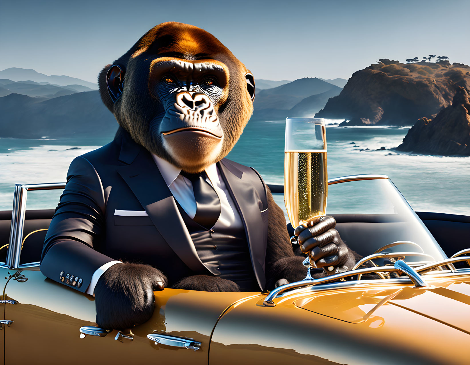 Well-dressed gorilla in suit drives convertible on coastal road