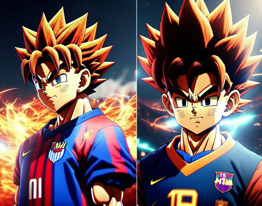 Illustrations of Goku in Barcelona jerseys against cosmic backdrop