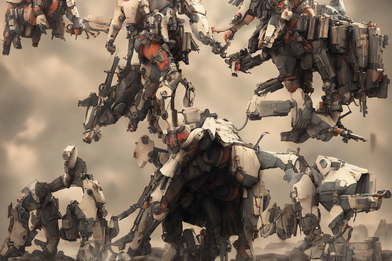 Gigantic robotic mechs in motion against cloudy backdrop