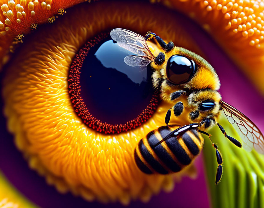 Detailed close-up: Bee on yellow and purple flower with fuzzy body and delicate wings.