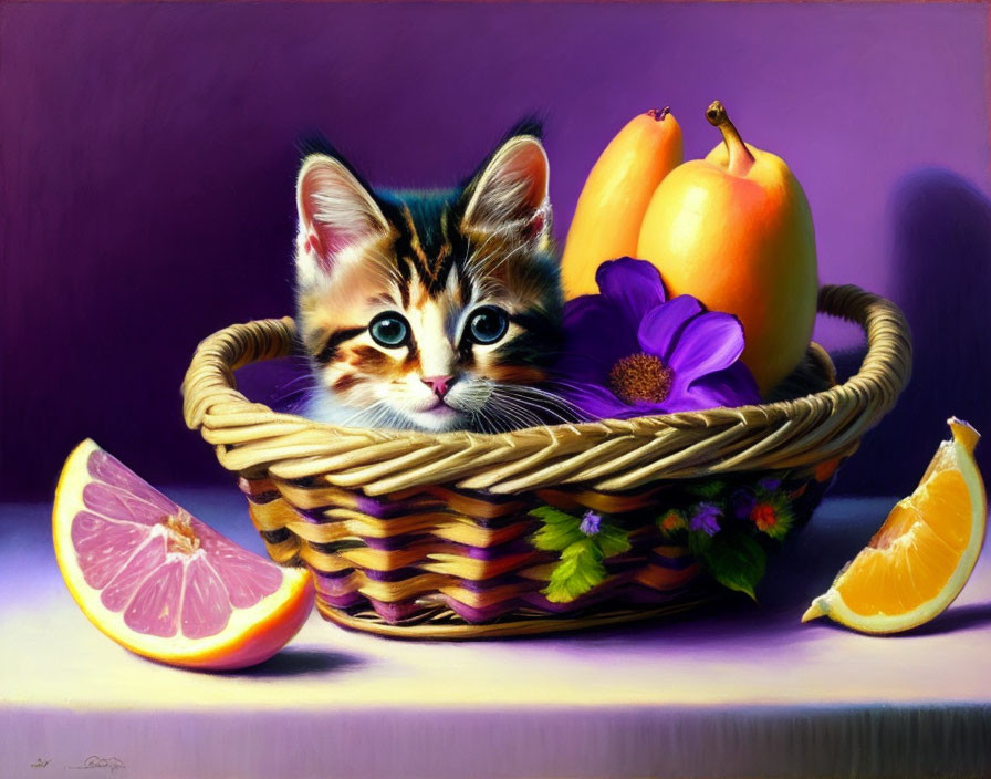 Kitten in woven basket with orange pepper, purple flower, and citrus fruit on purple background