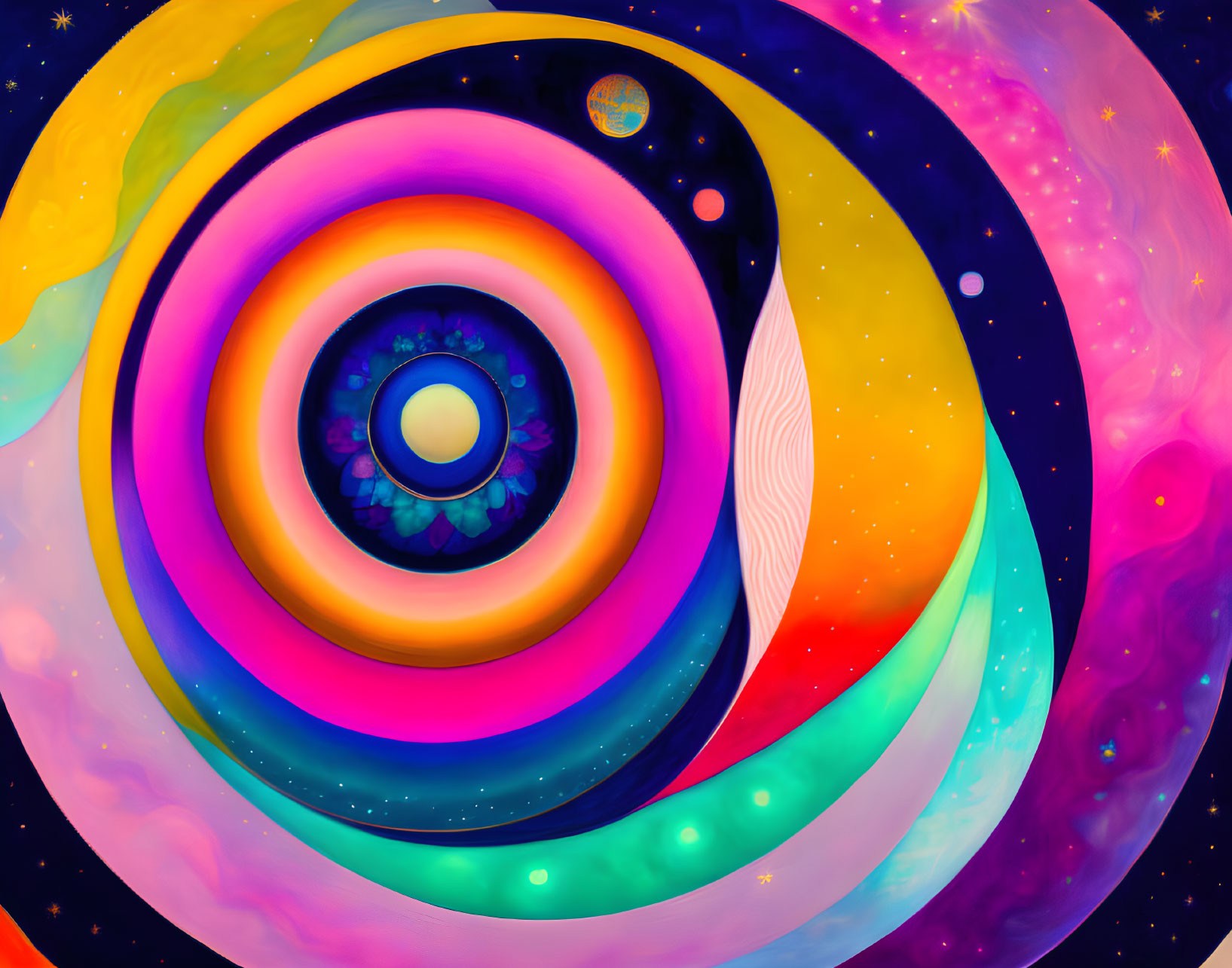 Colorful Abstract Cosmic Illustration with Concentric Circles and Swirls