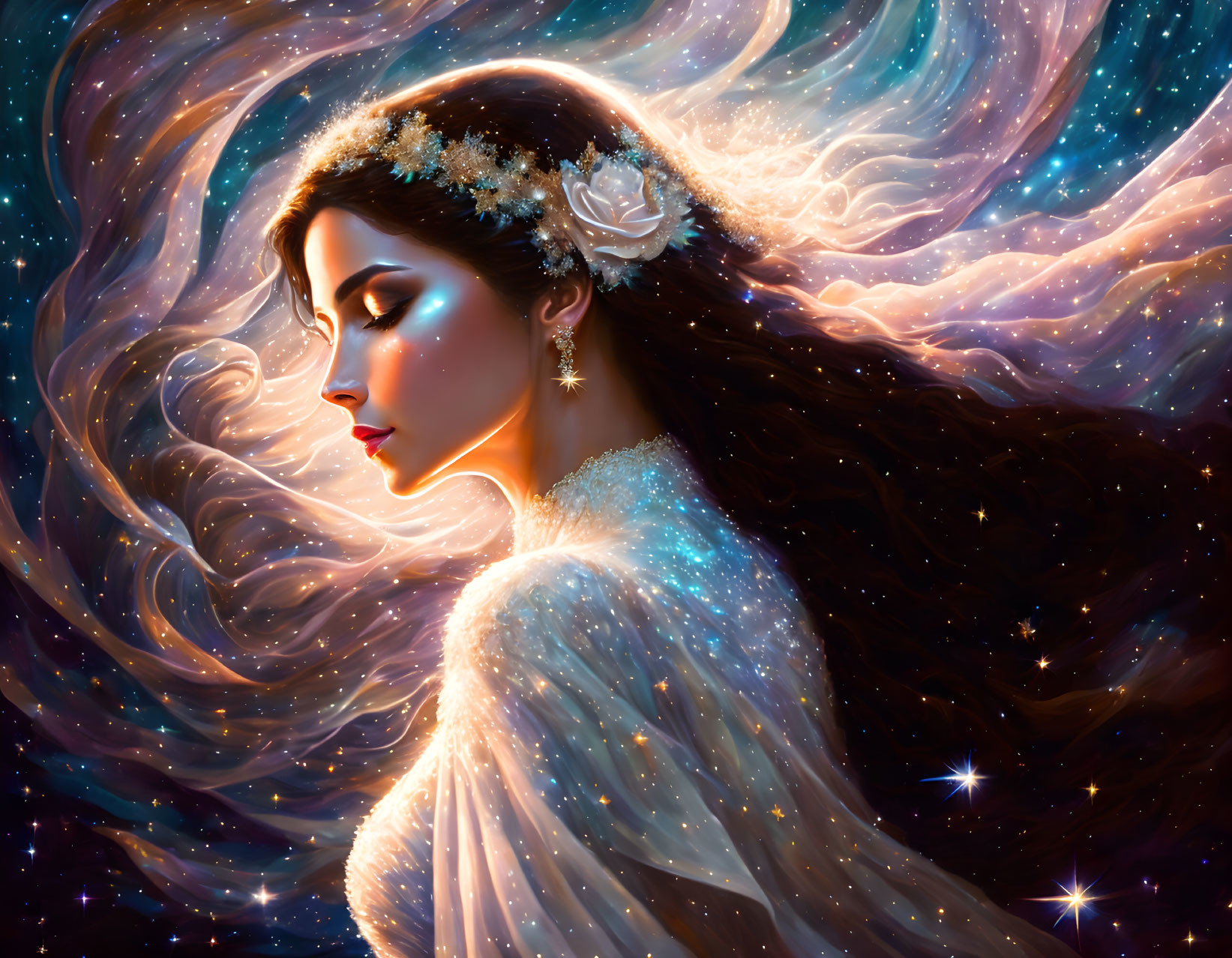 Digital Artwork: Woman in Cosmic Setting with Floral Headpiece