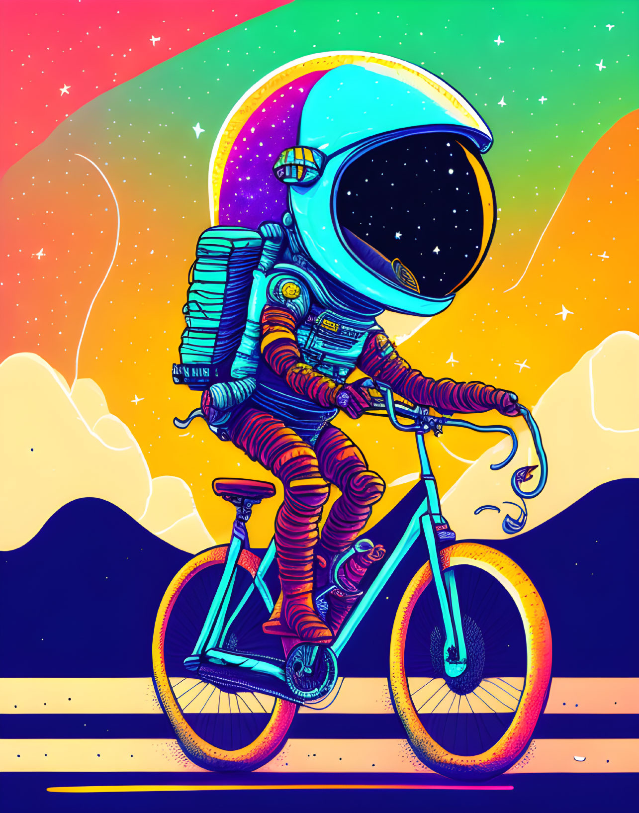 Astronaut in spacesuit rides bicycle in cosmic scene