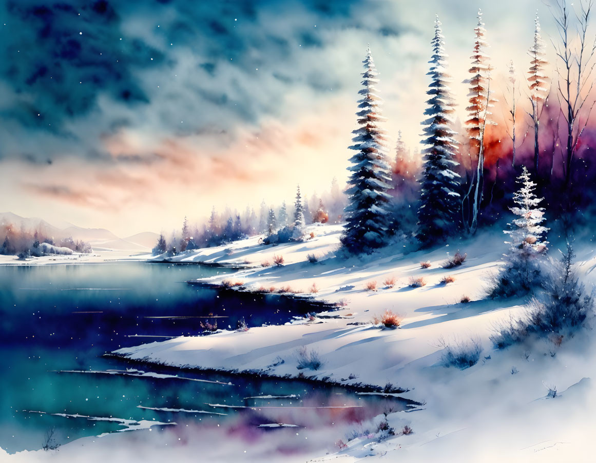 Snowy Winter Landscape Painting with Pine Trees and River Under Twilight Sky