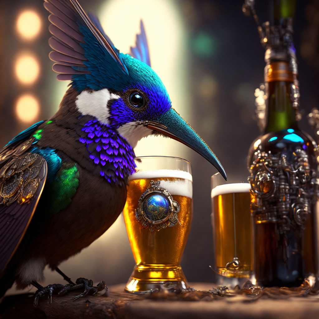 Colorful Bird Perched Near Beer Glass in Steampunk Setting