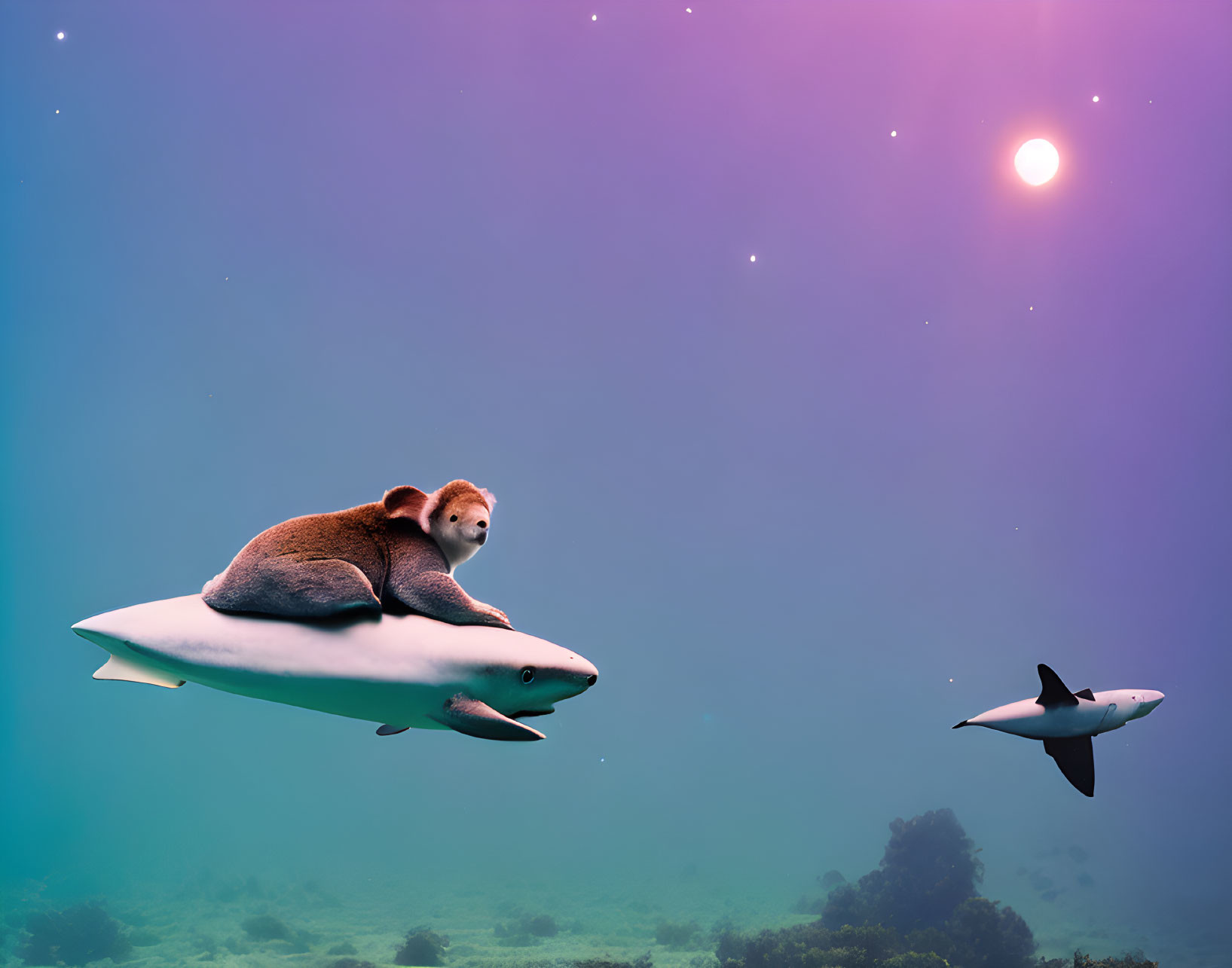 Monkey riding shark underwater with purple and blue ocean and sun visible