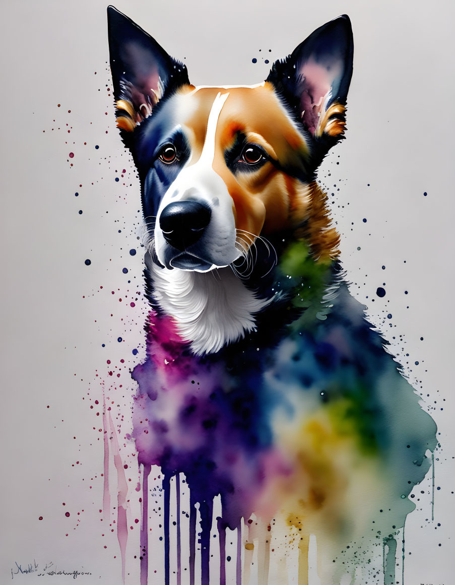 Vibrant dog artwork with purple, blue, and orange hues