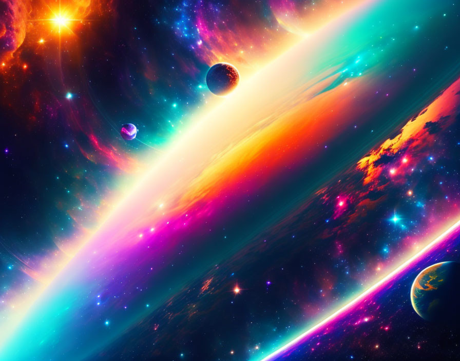 Colorful cosmic scene with planets, star, nebulae, and radiant streak.