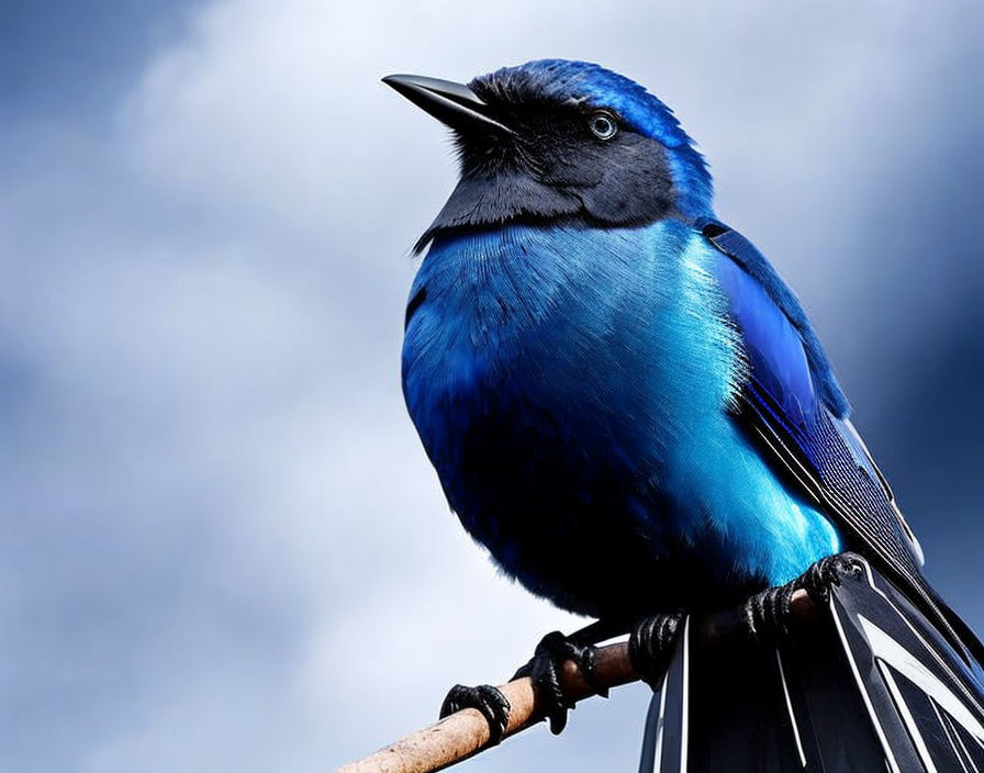 Blue and Black Bird Perched on Branch Against Cloudy Sky