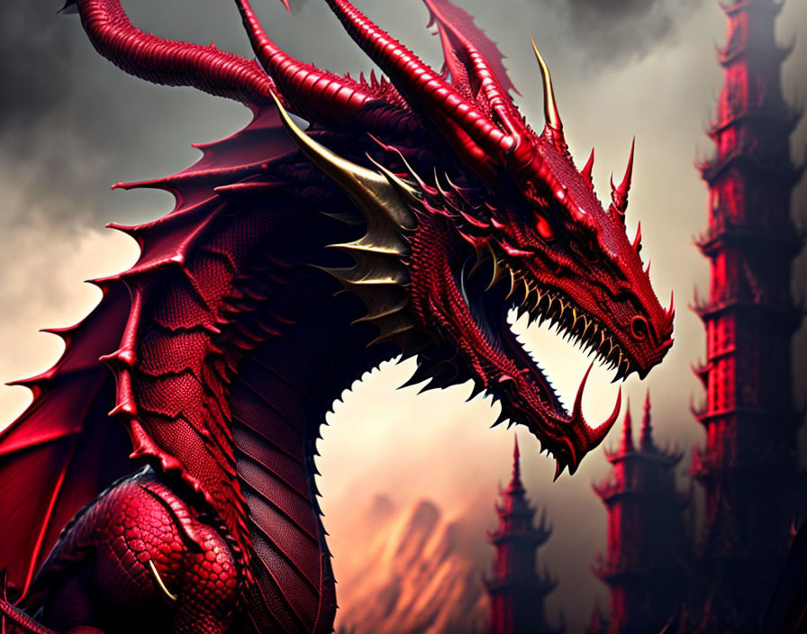 Red dragon with horns and scales against stormy castle backdrop