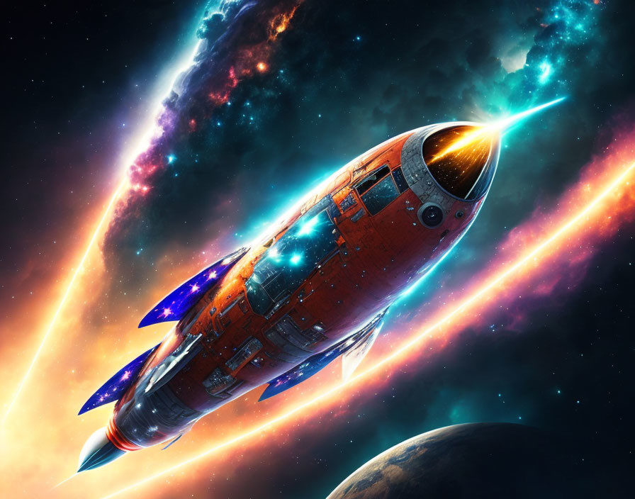 Futuristic spaceship soaring through colorful cosmos