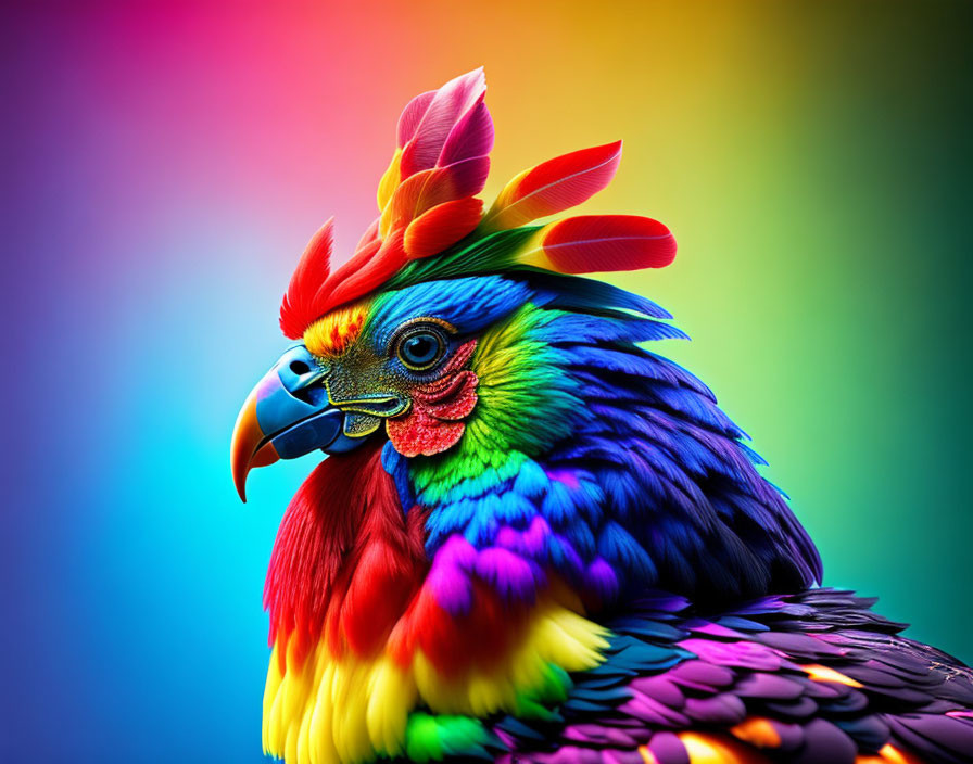 Vibrant rainbow-colored rooster on gradient background