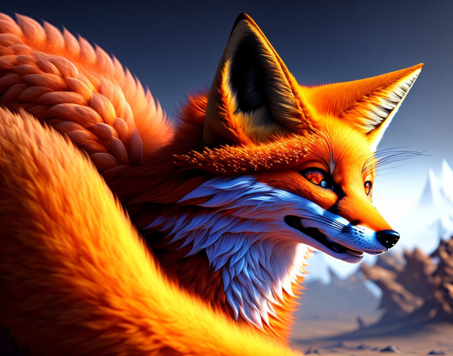 Vibrant digital art: Stylized fox with lush orange coat in twilight