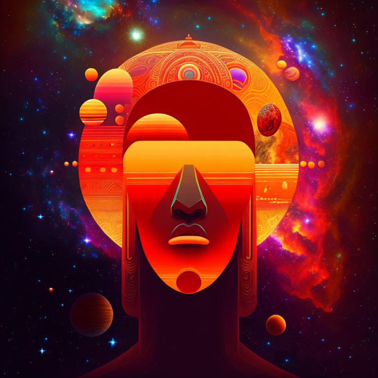 Stylized human face profile with cosmic elements on vibrant space backdrop