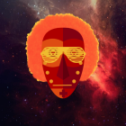 Stylized human face profile with cosmic elements on vibrant space backdrop