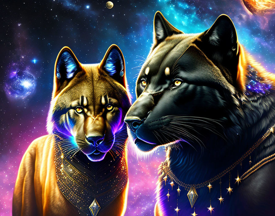 Digital Art: Two Wolves with Glowing Eyes in Cosmic Fantasy Scene