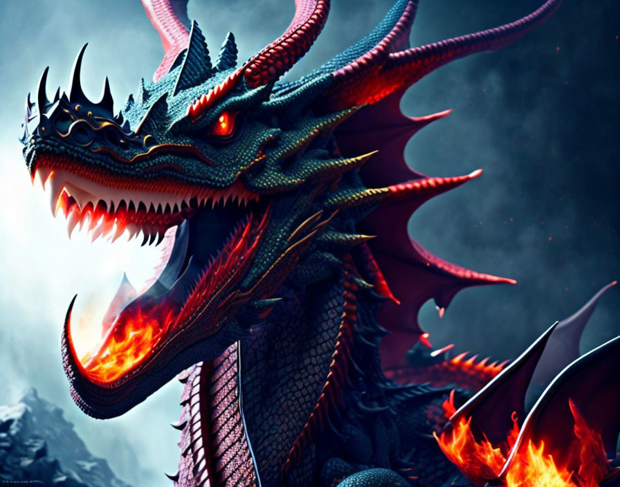 Digital Artwork: Fierce Dragon with Red Glowing Eyes and Flames