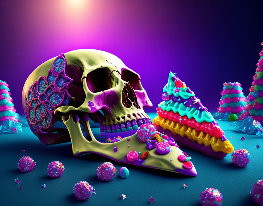 Colorful Skull with Candy and Whimsical Trees on Purple Background