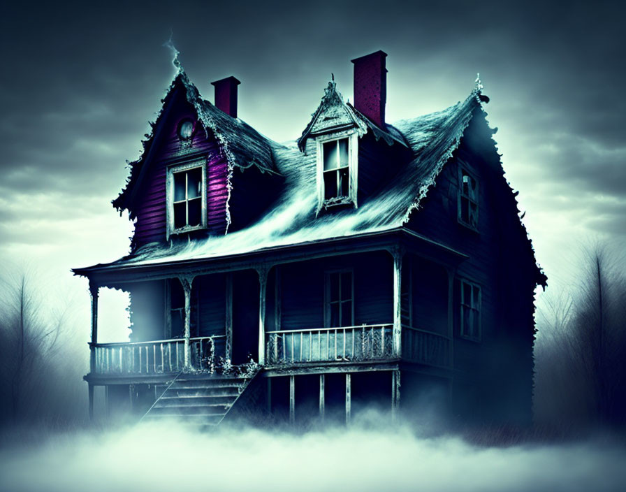 Abandoned two-story house in foggy, eerie setting