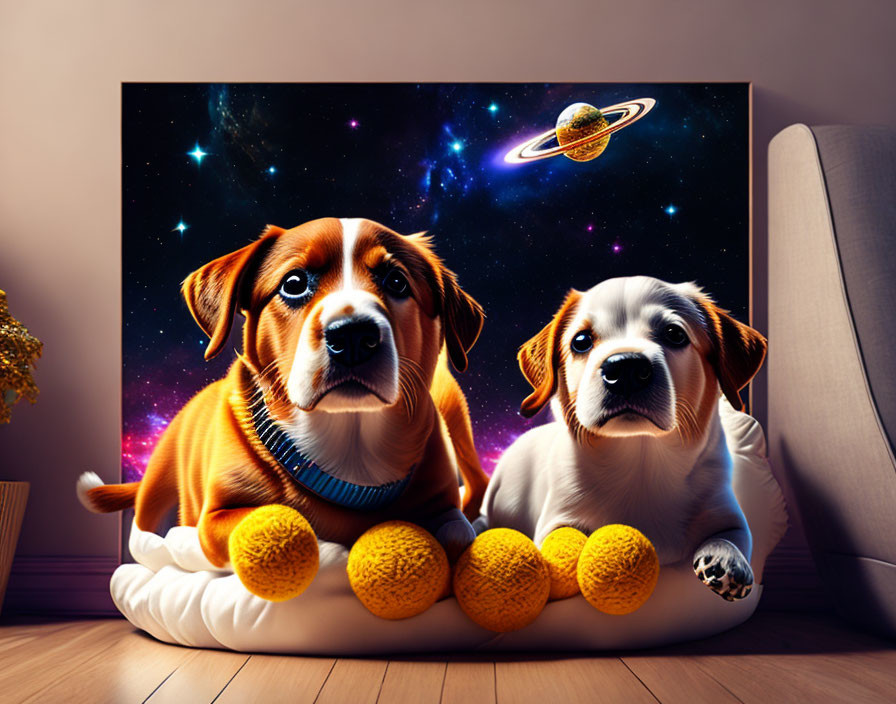 Adorable puppies with tennis balls in front of space-themed canvas