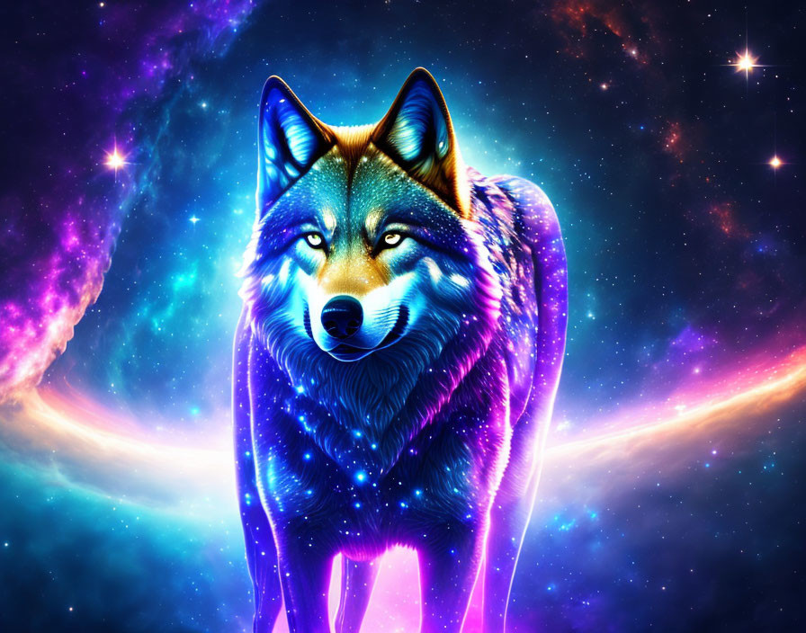 Cosmic wolf digital artwork with blue and purple fur on starry nebula backdrop