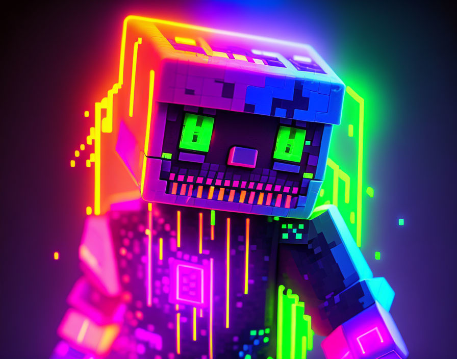 Vibrant 3D neon-lit pixelated robot on dark backdrop