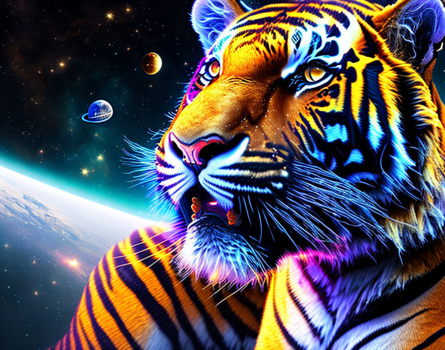 Colorful Tiger Face Artwork with Cosmic Background