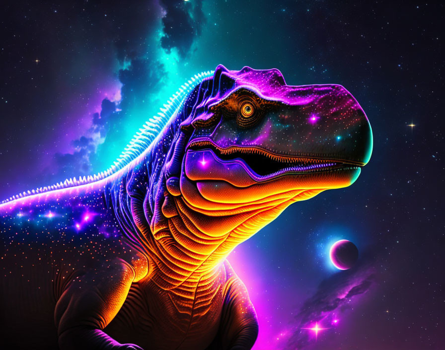 Colorful Tyrannosaurus Rex artwork with cosmic theme